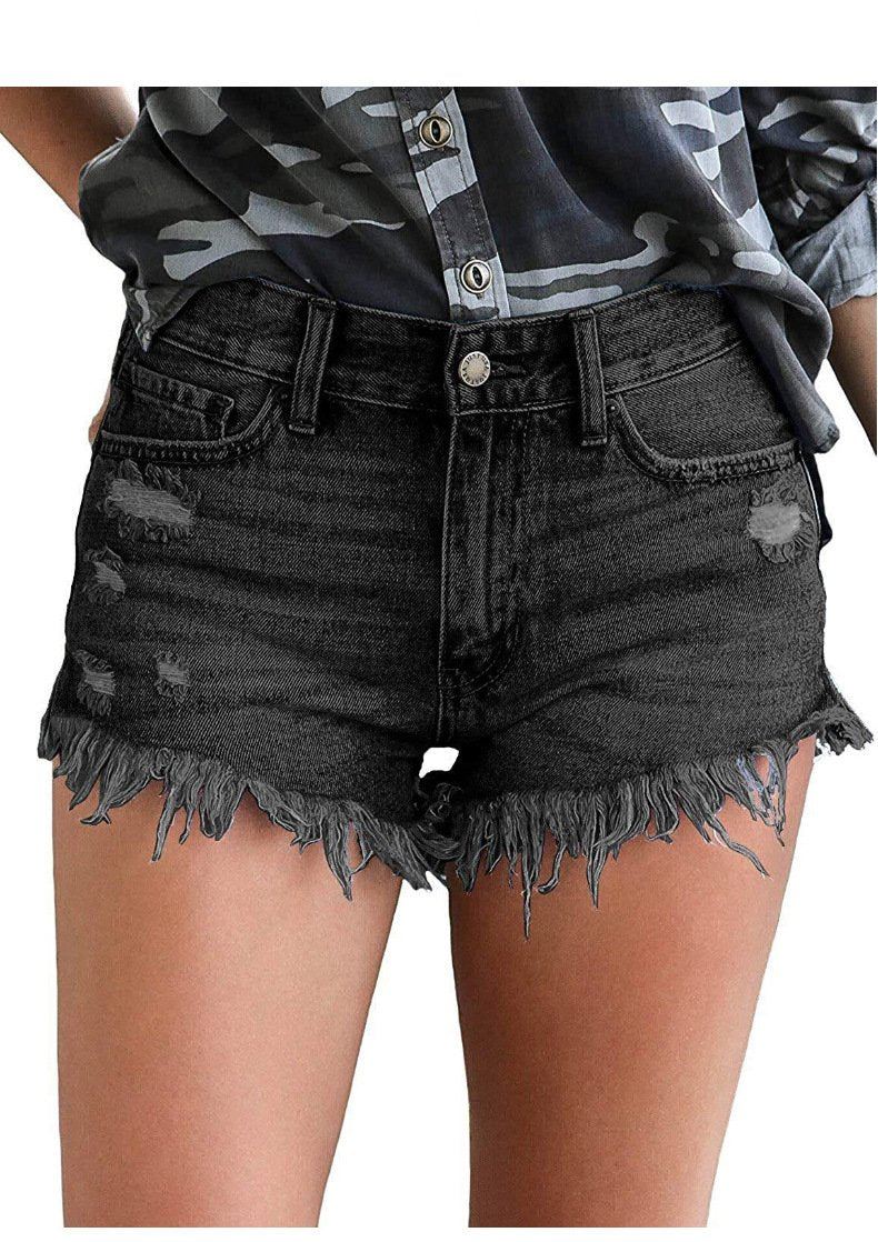 Women Casual High Stretchy Denim Shorts Frayed Raw Hem Ripped Jeans Shorts