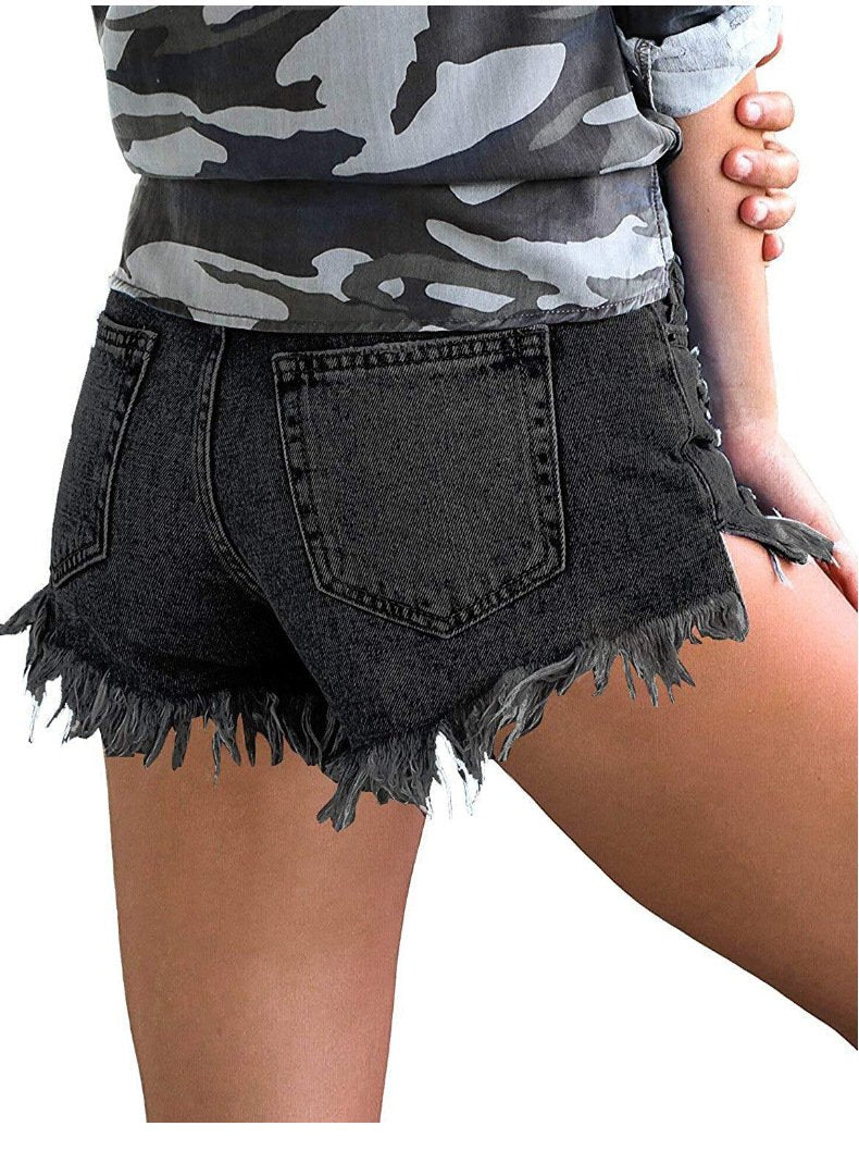 Women Casual High Stretchy Denim Shorts Frayed Raw Hem Ripped Jeans Shorts