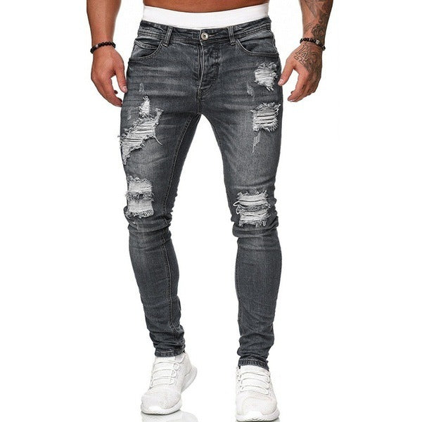 MEN Jeans Solid Color Ripped Holes Washed Trousers
