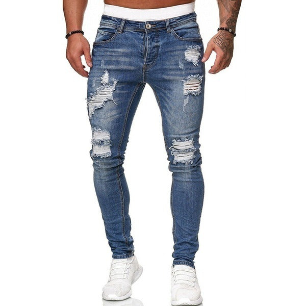 MEN Jeans Solid Color Ripped Holes Washed Trousers