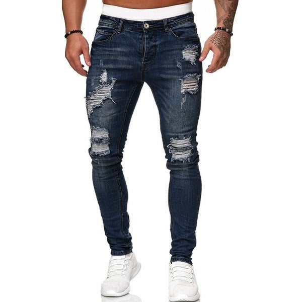 MEN Jeans Solid Color Ripped Holes Washed Trousers