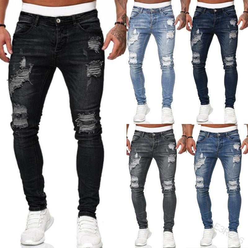 MEN Jeans Solid Color Ripped Holes Washed Trousers