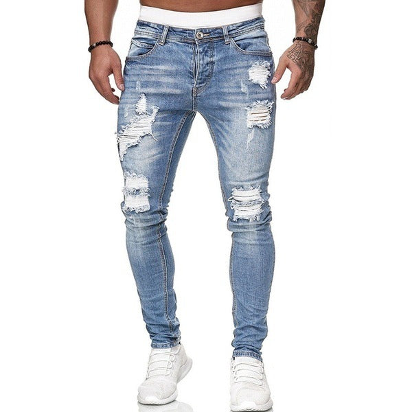 MEN Jeans Solid Color Ripped Holes Washed Trousers