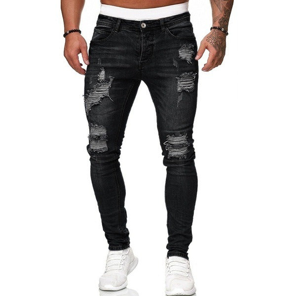 MEN Jeans Solid Color Ripped Holes Washed Trousers
