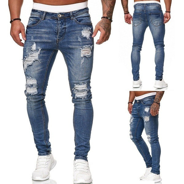 MEN Jeans Solid Color Ripped Holes Washed Trousers