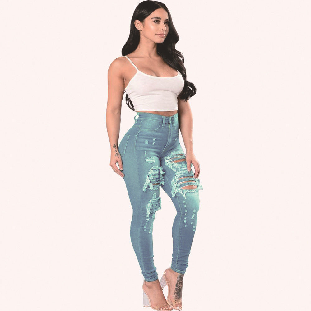 Fashion Women Distressed Stretch Denim Pants Ripped High Rise Skinny