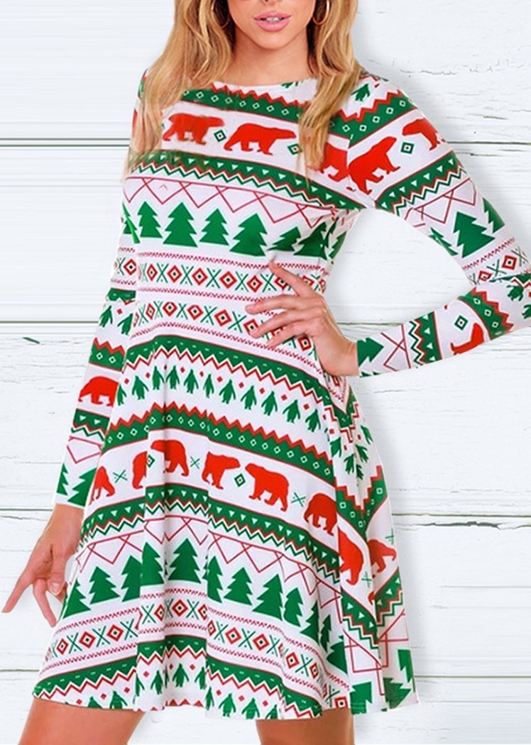 Fashion Christmas Tree Print Round Neck Long Sleeve Slim Christmas Dresses