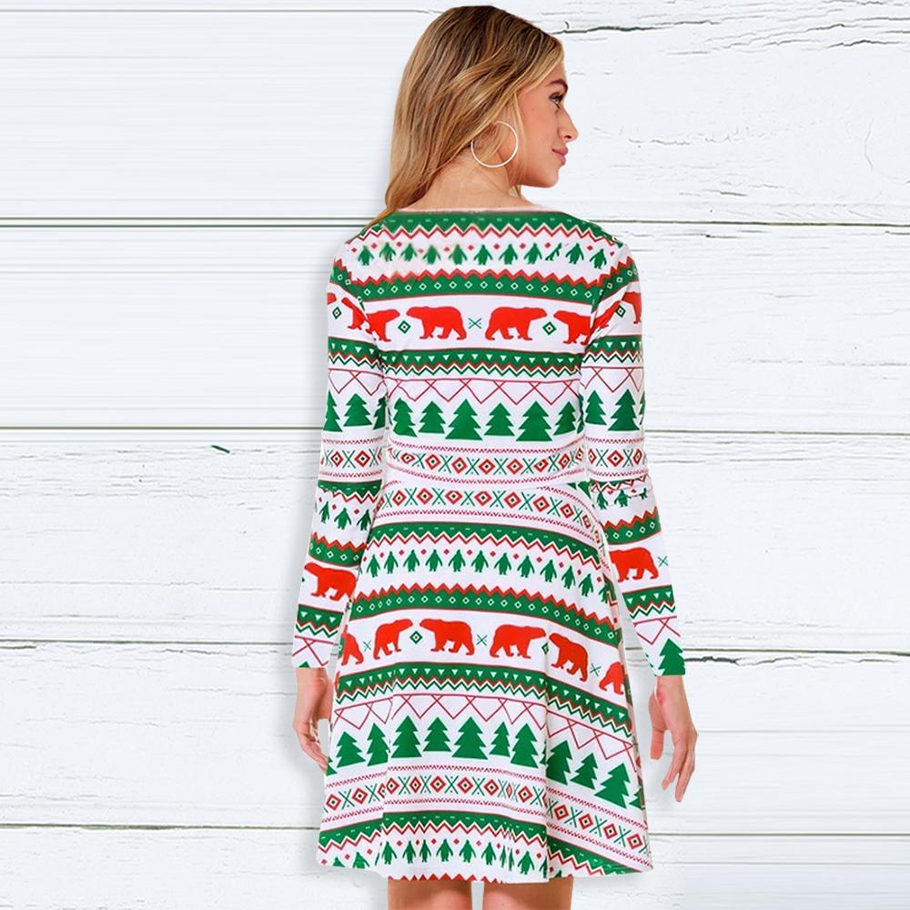 Fashion Christmas Tree Print Round Neck Long Sleeve Slim Christmas Dresses
