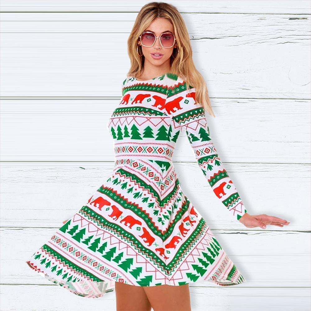 Fashion Christmas Tree Print Round Neck Long Sleeve Slim Christmas Dresses