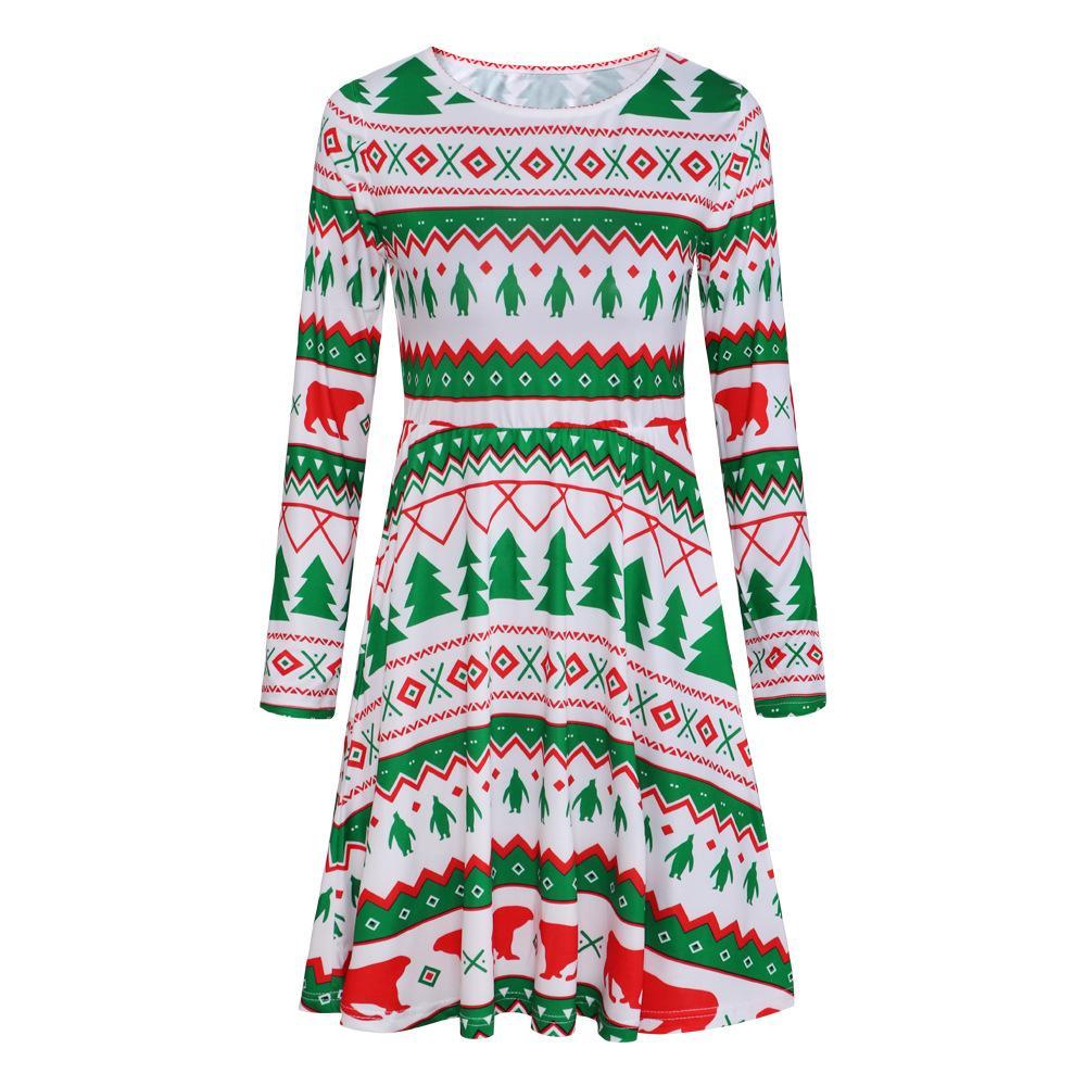 Fashion Christmas Tree Print Round Neck Long Sleeve Slim Christmas Dresses