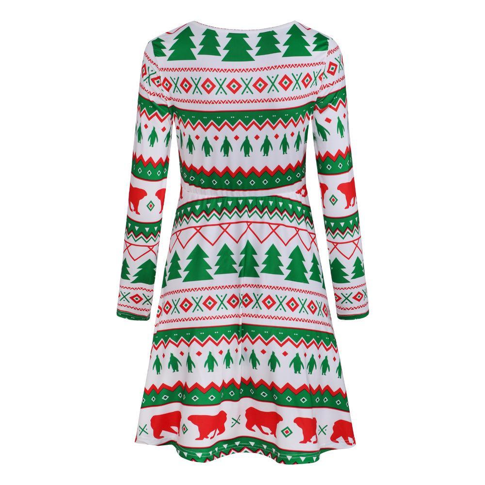 Fashion Christmas Tree Print Round Neck Long Sleeve Slim Christmas Dresses