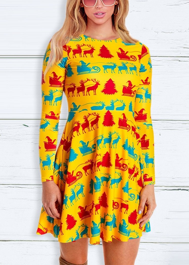 Fashion Christmas Elk Print Round Neck Long Sleeve Slim Christmas Dresses