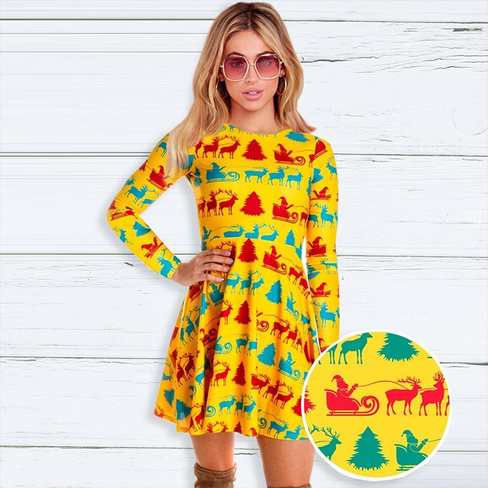 Fashion Christmas Elk Print Round Neck Long Sleeve Slim Christmas Dresses
