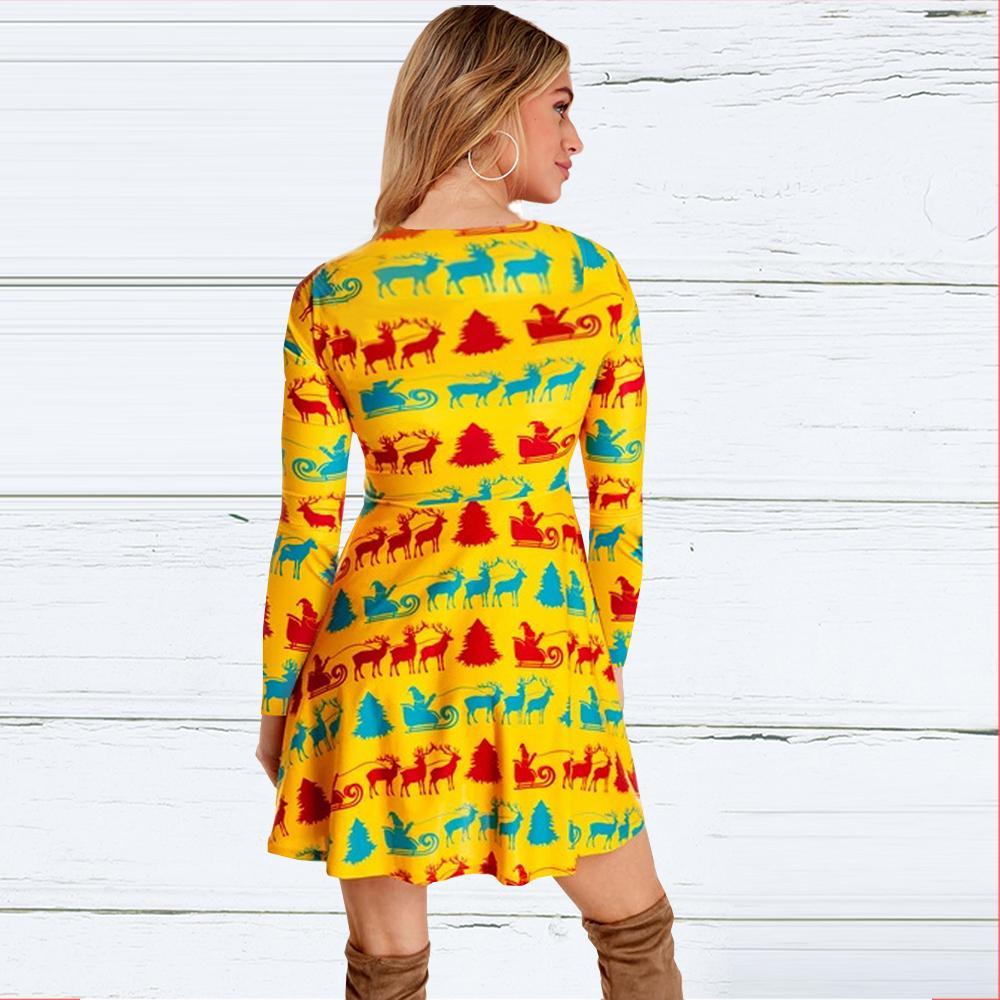 Fashion Christmas Elk Print Round Neck Long Sleeve Slim Christmas Dresses