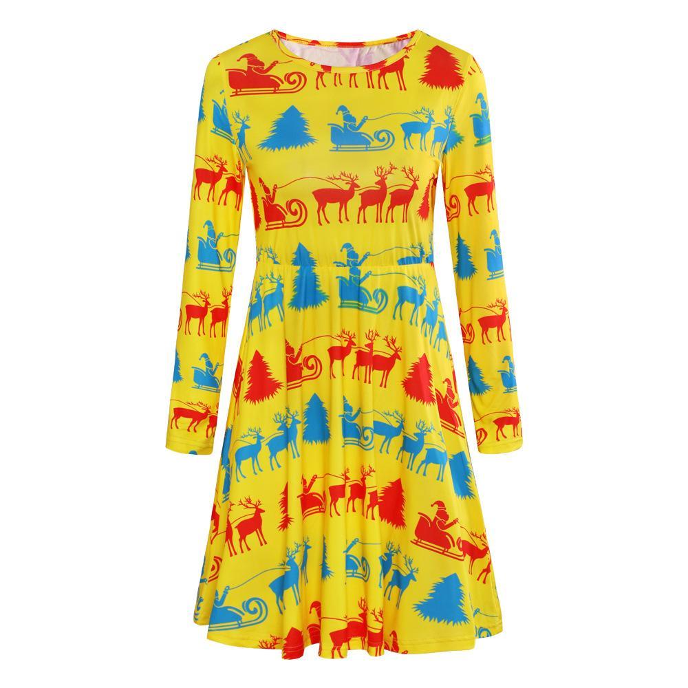 Fashion Christmas Elk Print Round Neck Long Sleeve Slim Christmas Dresses