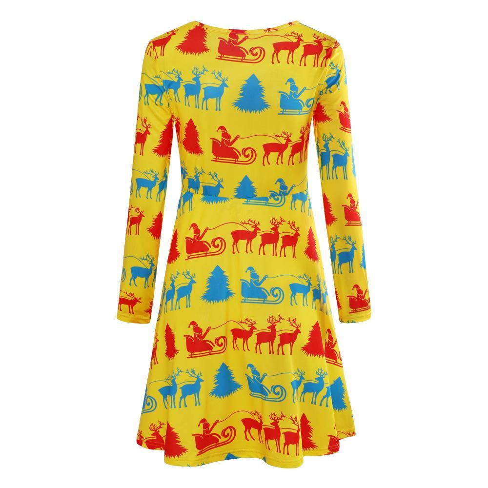 Fashion Christmas Elk Print Round Neck Long Sleeve Slim Christmas Dresses