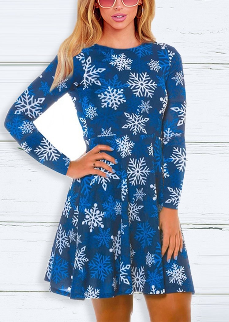 Fashion Christmas Snowflake Print Round Neck Long Sleeve Slim Christmas Dresses