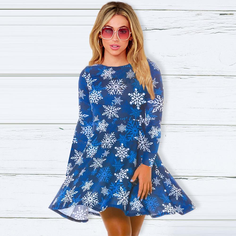 Fashion Christmas Snowflake Print Round Neck Long Sleeve Slim Christmas Dresses