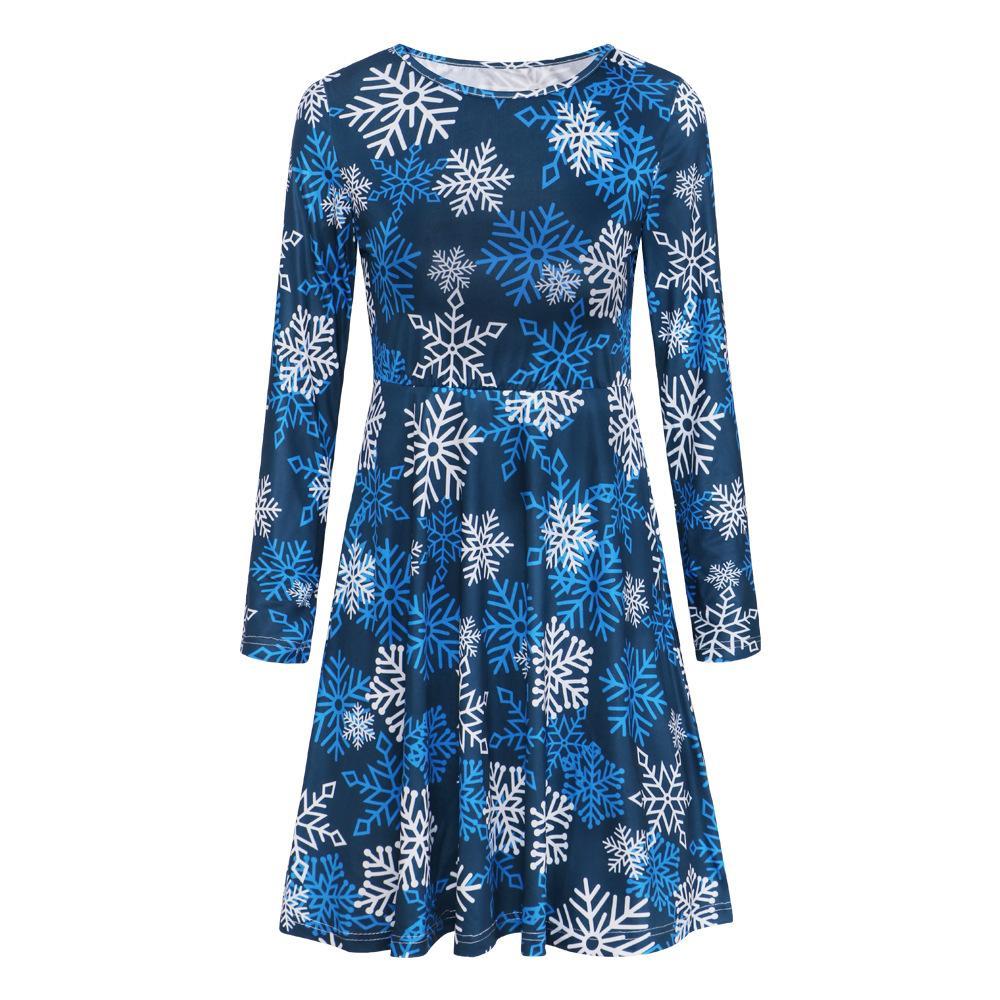 Fashion Christmas Snowflake Print Round Neck Long Sleeve Slim Christmas Dresses