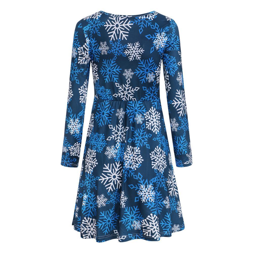 Fashion Christmas Snowflake Print Round Neck Long Sleeve Slim Christmas Dresses