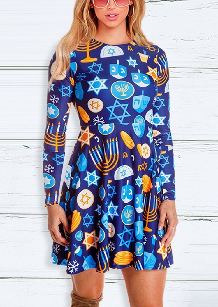 Fashion Cartoon Pattern Print Round Neck Long Sleeve Slim Christmas Dresses