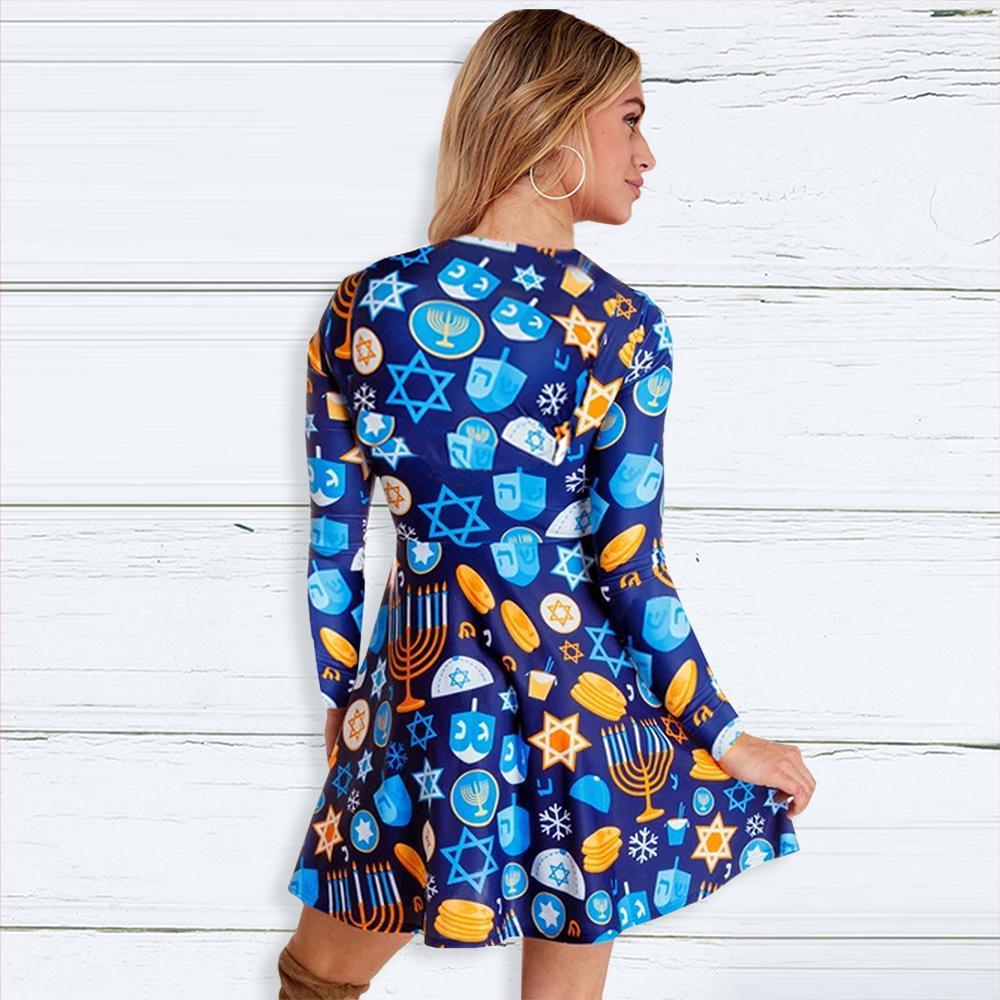Fashion Cartoon Pattern Print Round Neck Long Sleeve Slim Christmas Dresses