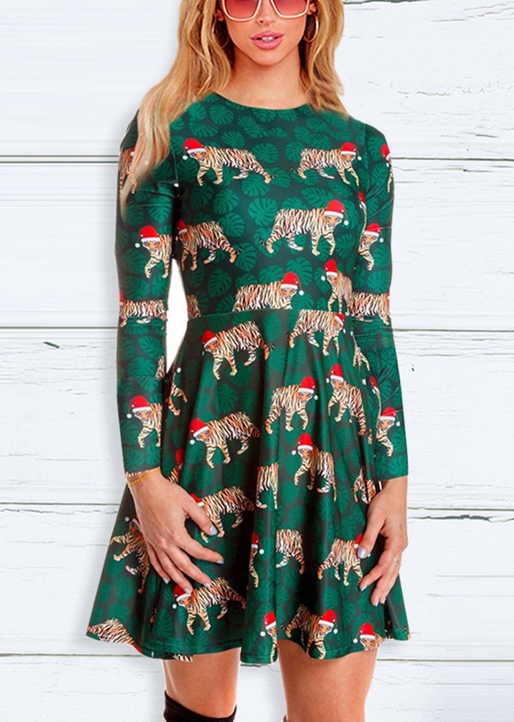 Fashion Tiger Pattern Print Round Neck Long Sleeve Slim Christmas Dresses