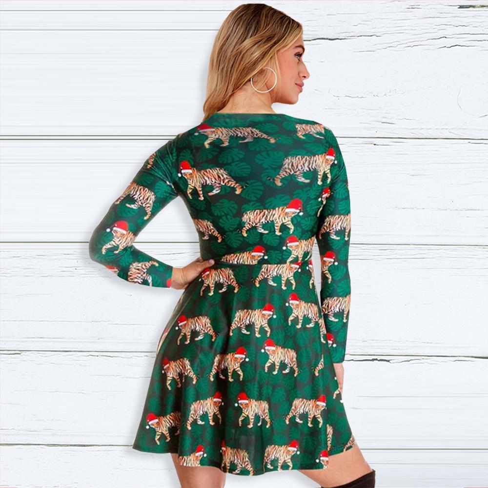 Fashion Tiger Pattern Print Round Neck Long Sleeve Slim Christmas Dresses