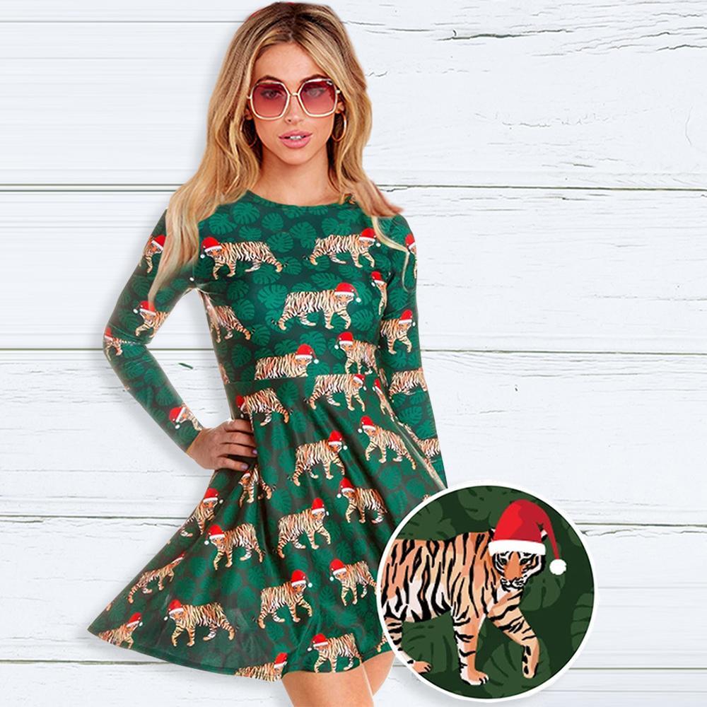 Fashion Tiger Pattern Print Round Neck Long Sleeve Slim Christmas Dresses