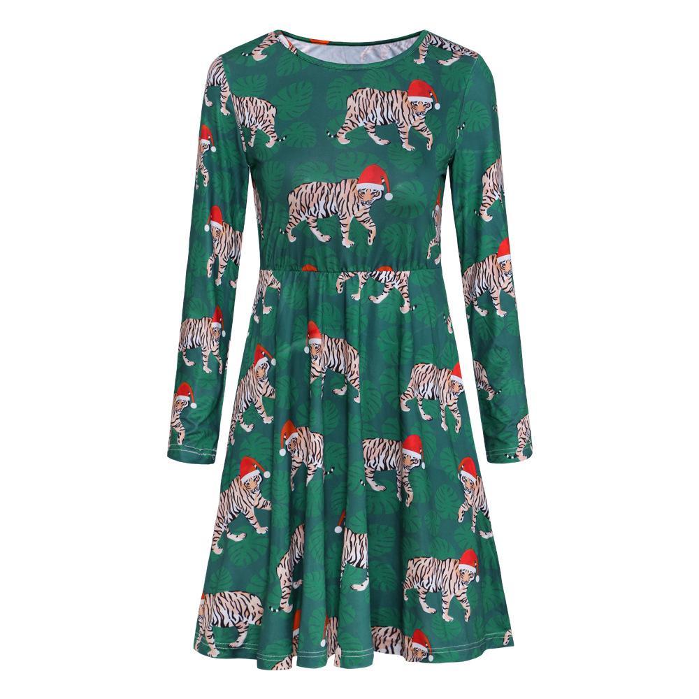 Fashion Tiger Pattern Print Round Neck Long Sleeve Slim Christmas Dresses