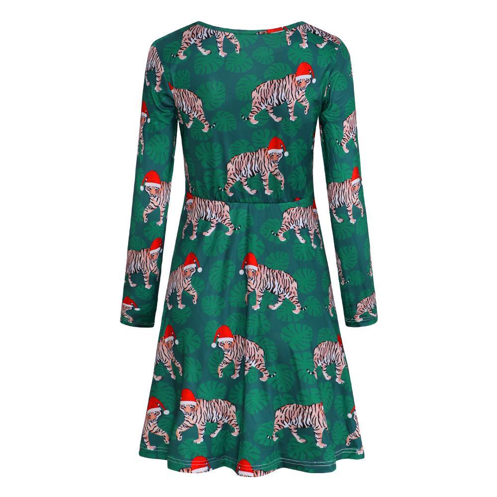 Fashion Tiger Pattern Print Round Neck Long Sleeve Slim Christmas Dresses