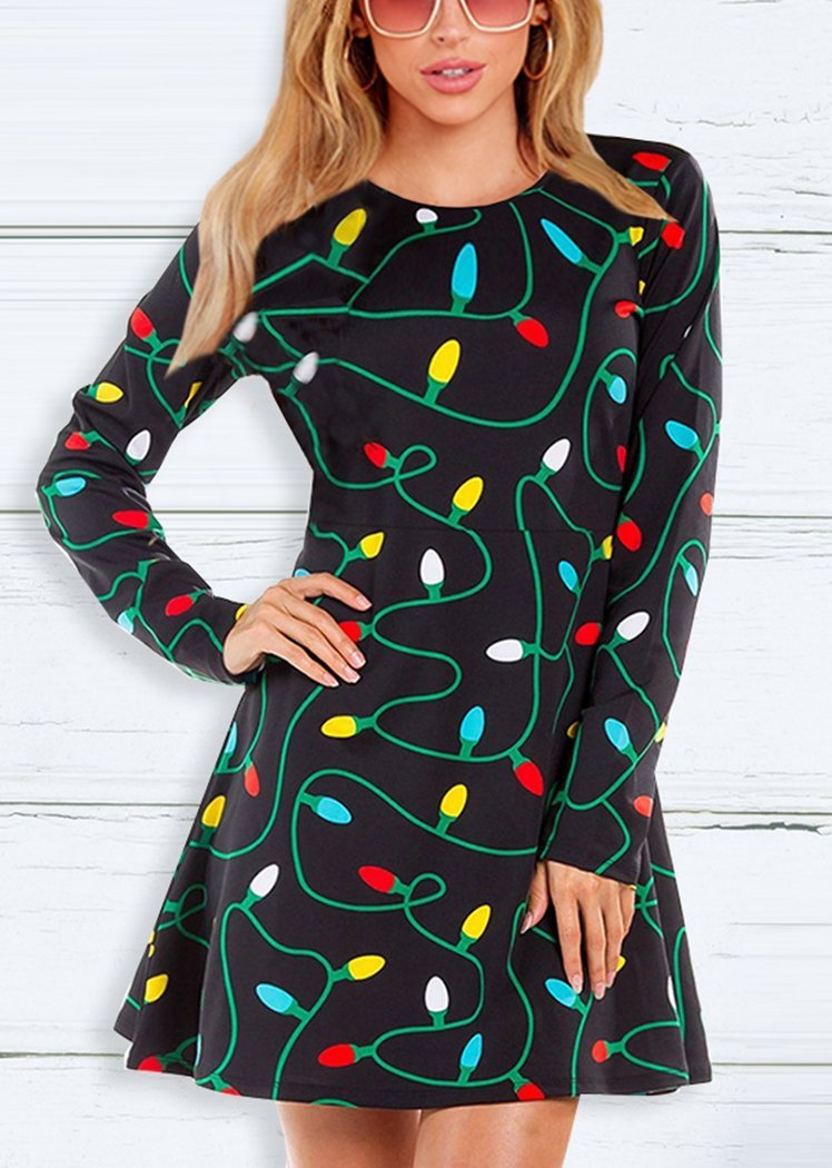 Fashion Light Bulb Print Round Neck Long Sleeve Slim Christmas Dresses