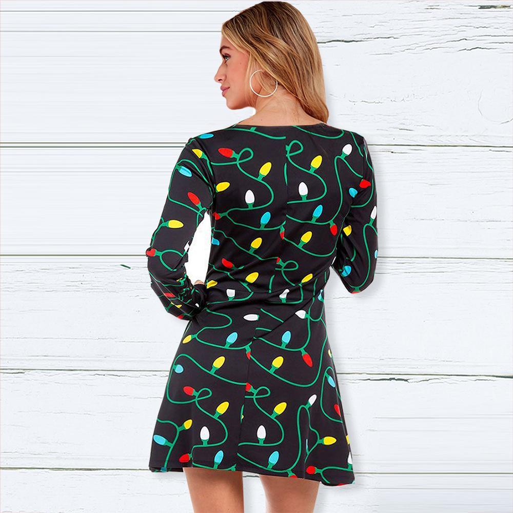 Fashion Light Bulb Print Round Neck Long Sleeve Slim Christmas Dresses