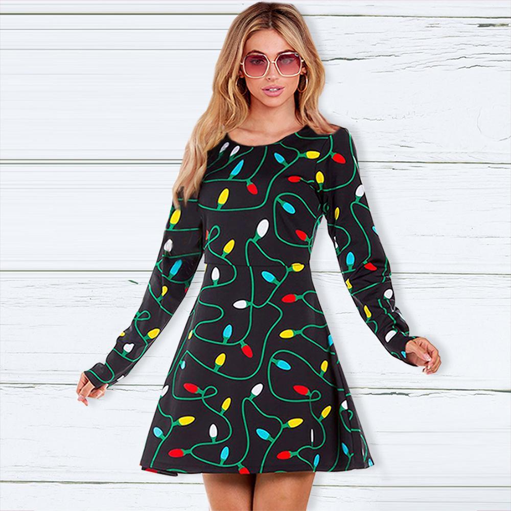 Fashion Light Bulb Print Round Neck Long Sleeve Slim Christmas Dresses