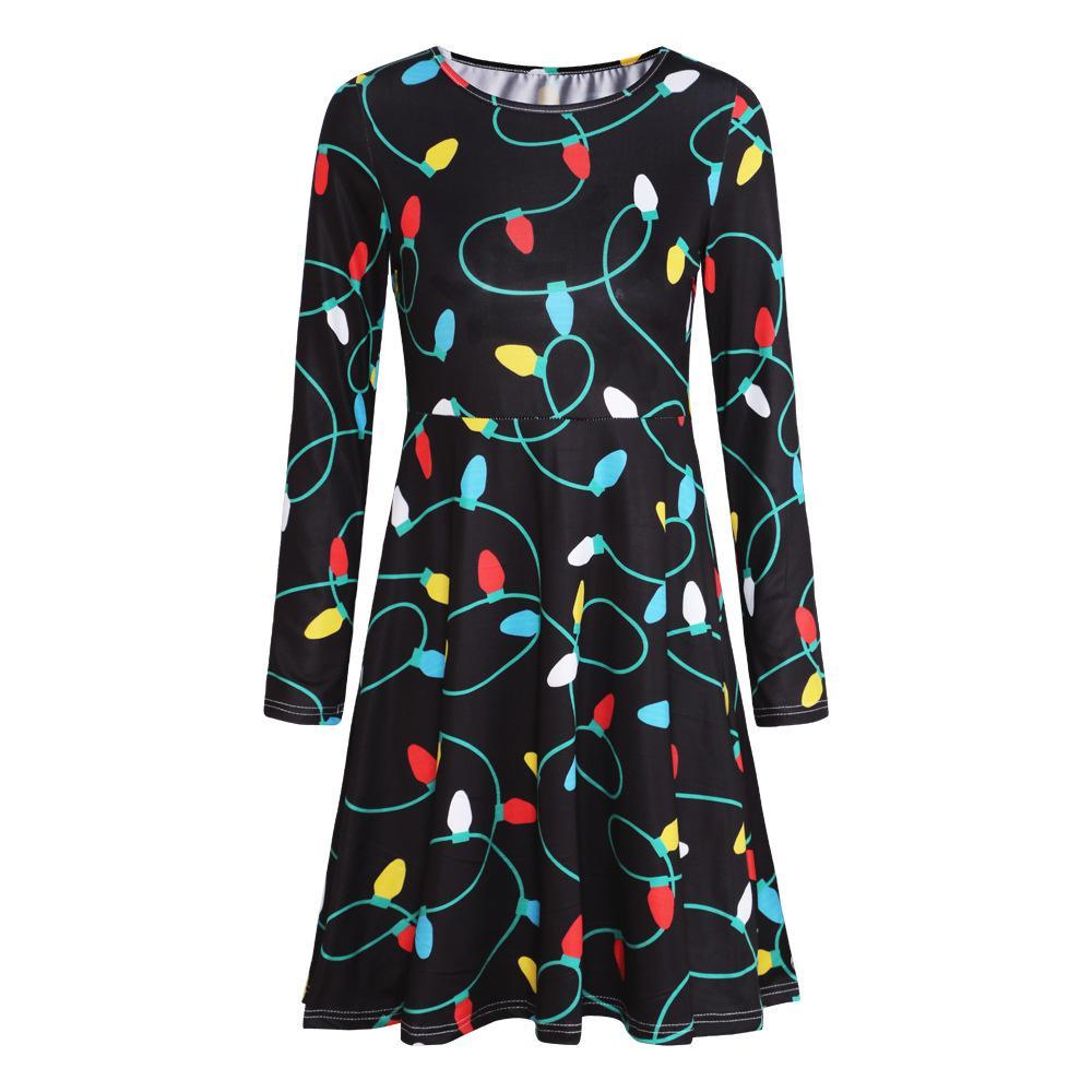 Fashion Light Bulb Print Round Neck Long Sleeve Slim Christmas Dresses