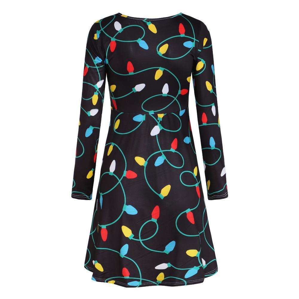 Fashion Light Bulb Print Round Neck Long Sleeve Slim Christmas Dresses