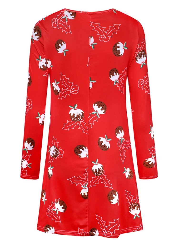Fashion Long Sleeve Round Neck Red Christmas Dresses