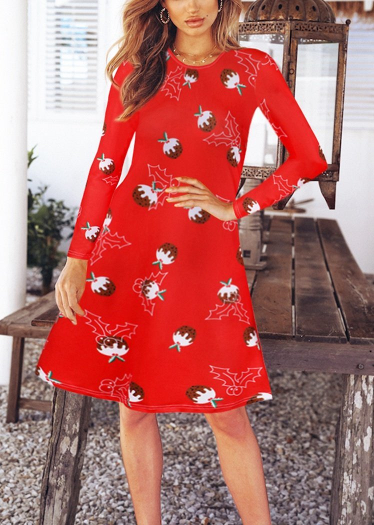 Fashion Long Sleeve Round Neck Red Christmas Dresses