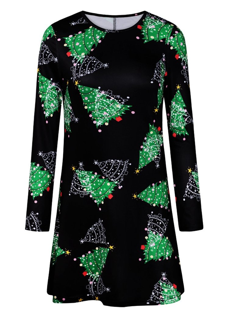 Fashion Christmas Tree Print Long Sleeve Round Neck Christmas Dresses
