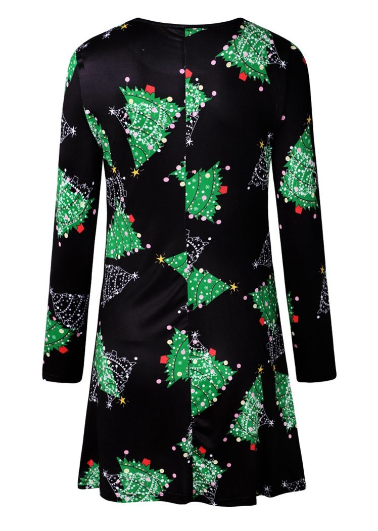 Fashion Christmas Tree Print Long Sleeve Round Neck Christmas Dresses