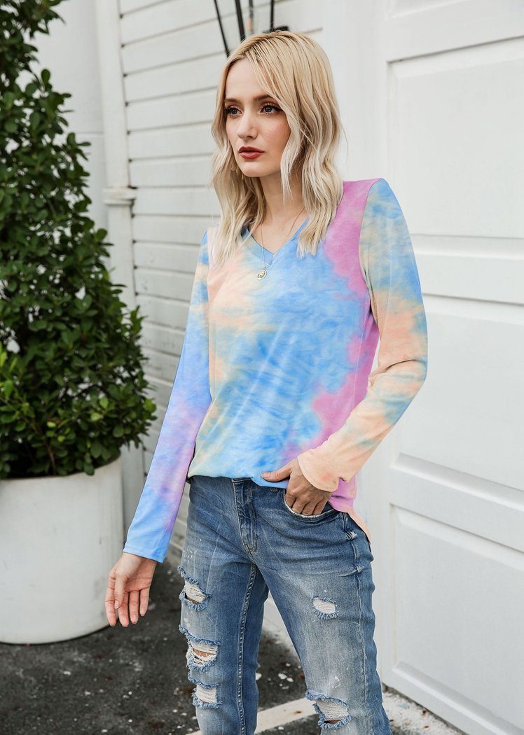 Chicvane New Tie Dye V-Neck Long Sleeve Top Shirts For Women