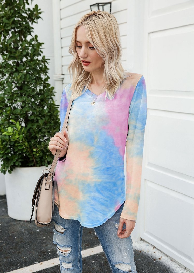 Chicvane New Tie Dye V-Neck Long Sleeve Top Shirts For Women