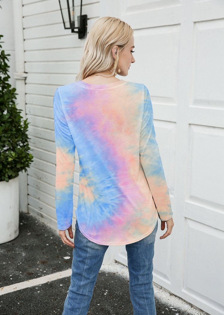 Chicvane New Tie Dye V-Neck Long Sleeve Top Shirts For Women