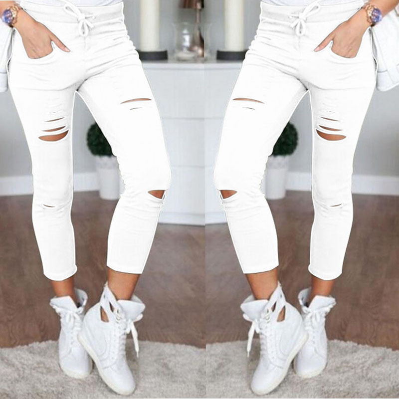 Women Skinny Ripped Pants High Waist Stretch Pencil Pants