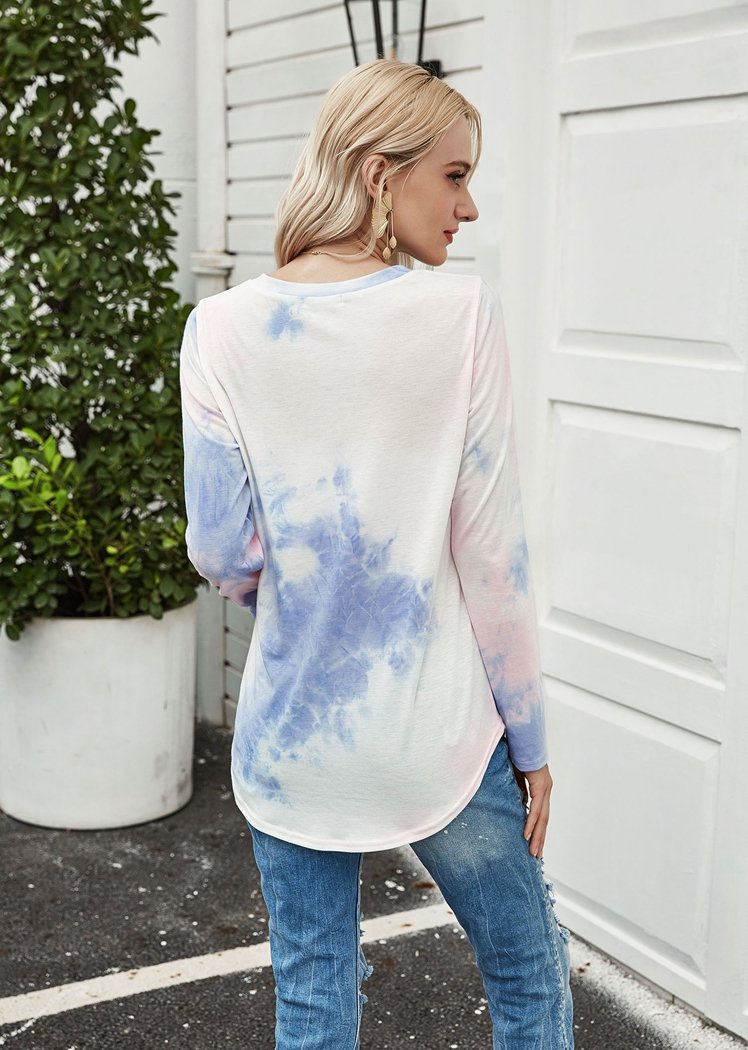 Chicvane New Tie Dye V-Neck Long Sleeve Top Shirts For Women