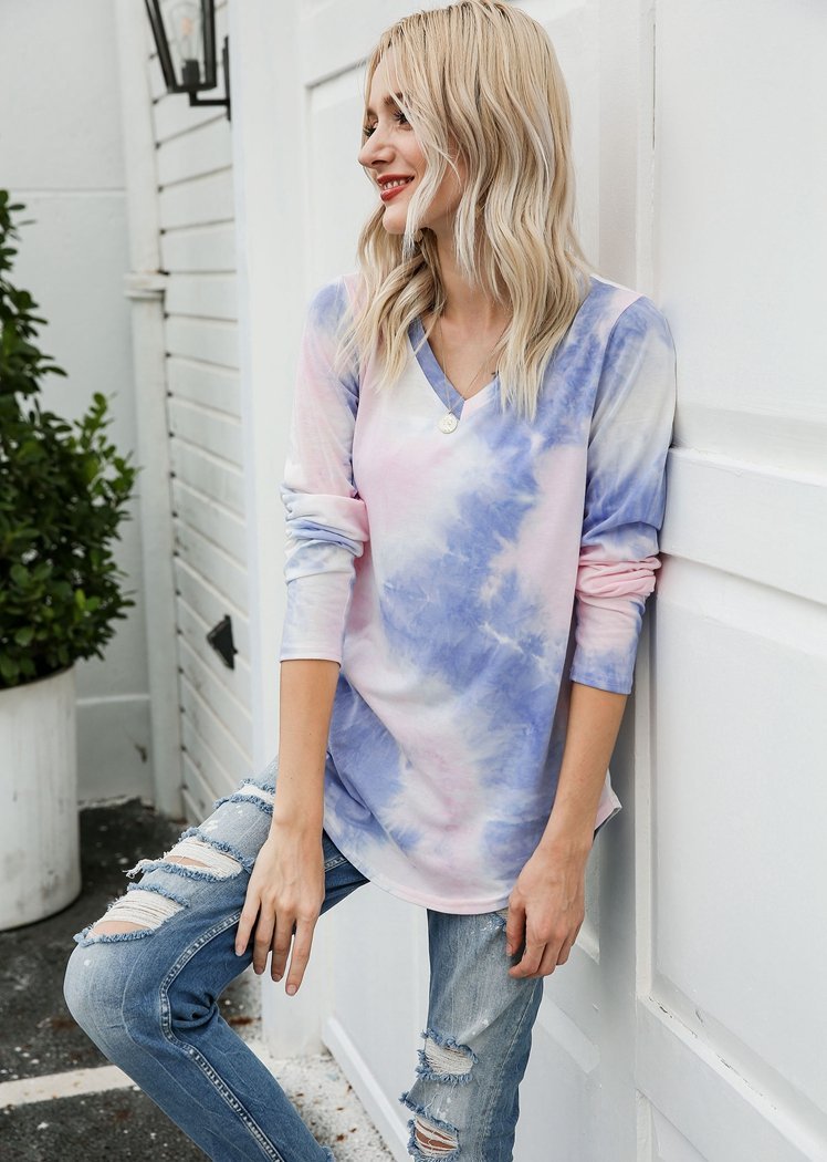 Chicvane New Tie Dye V-Neck Long Sleeve Top Shirts For Women