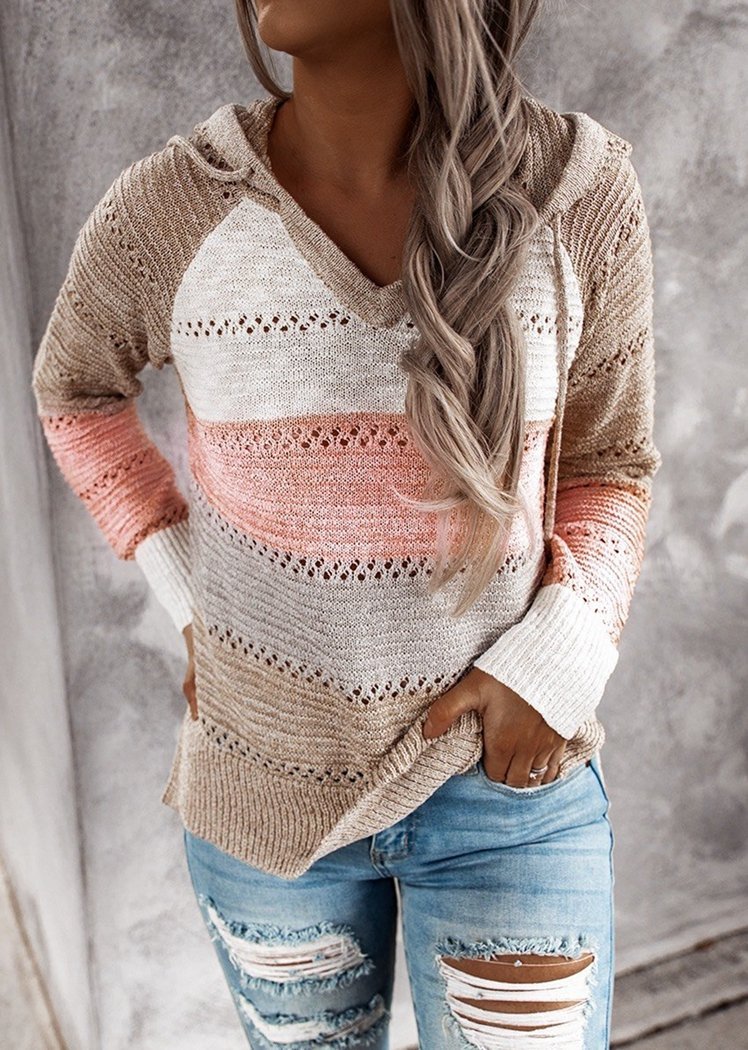 Fashion Women Striped Lightweight High-elastic Long Sleeves Hoodie Outerwear Pullover Knited Sweater
