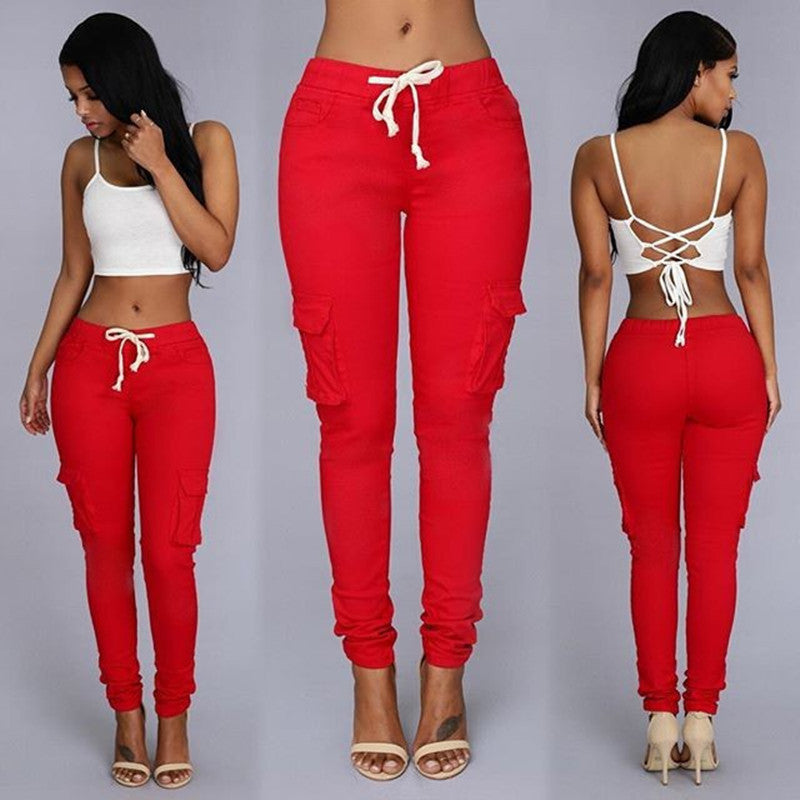 Women's Fashion Multi Pockets Casual Pants with Drawstrings