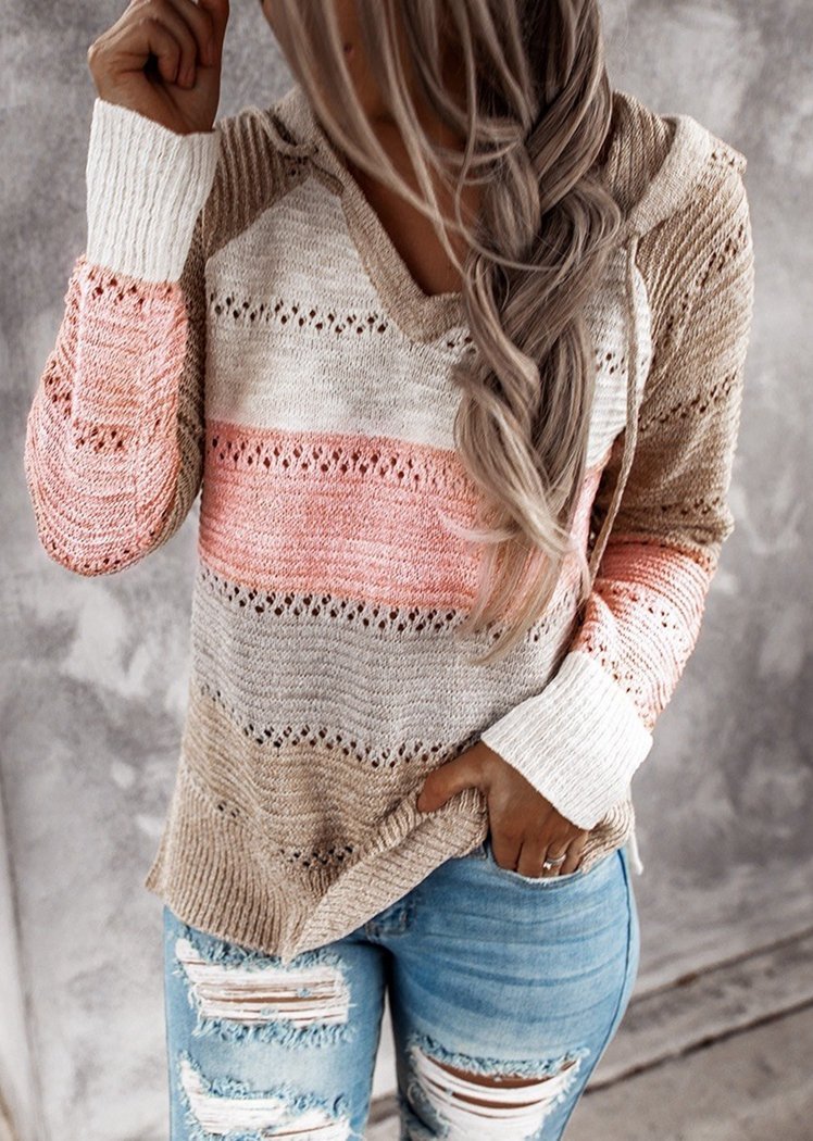 Fashion Women Striped Lightweight High-elastic Long Sleeves Hoodie Outerwear Pullover Knited Sweater