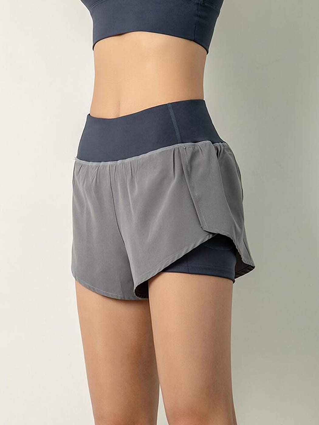 Women Quick-Dry Running Shorts Double Layer Workout Athletic Gym Shorts with Pockets
